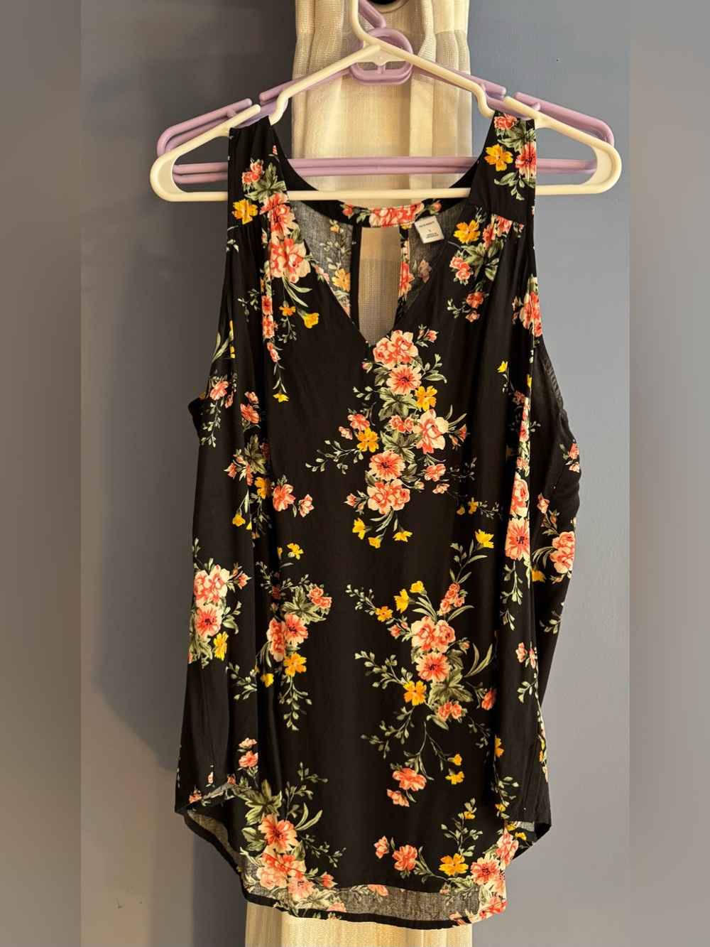 Old Navy Black Floral Cold-Shoulder Tank with Coral & Yellow Blooms